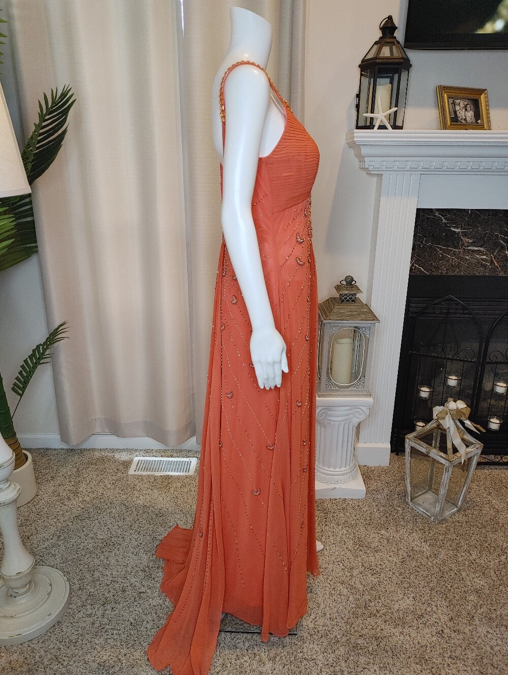 VINTAGE SUE WONG SILK BEADED FORMAL DRESS, CORAL 10 - Picture 6 of 16